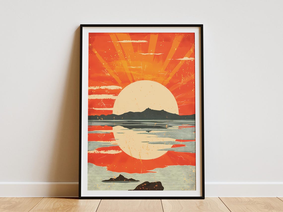 Mid Century Ocean Sunset Over Water Vintage Style Art Poster