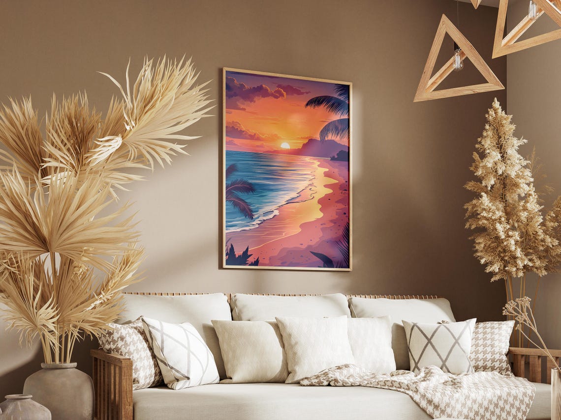 Pink Orange Sunset Beach Palms Ocean Waves Illustration Poster - Image 3