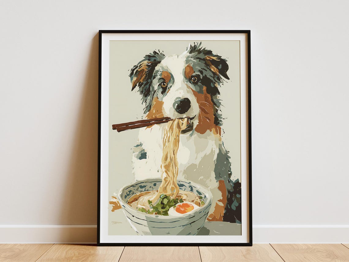 Charming Australian Shepherd Dog Ramen Noodle Art Print Funny Pet Lover Gift Unique Mom Dad Wall Decor Kitchen Dining Room Asian