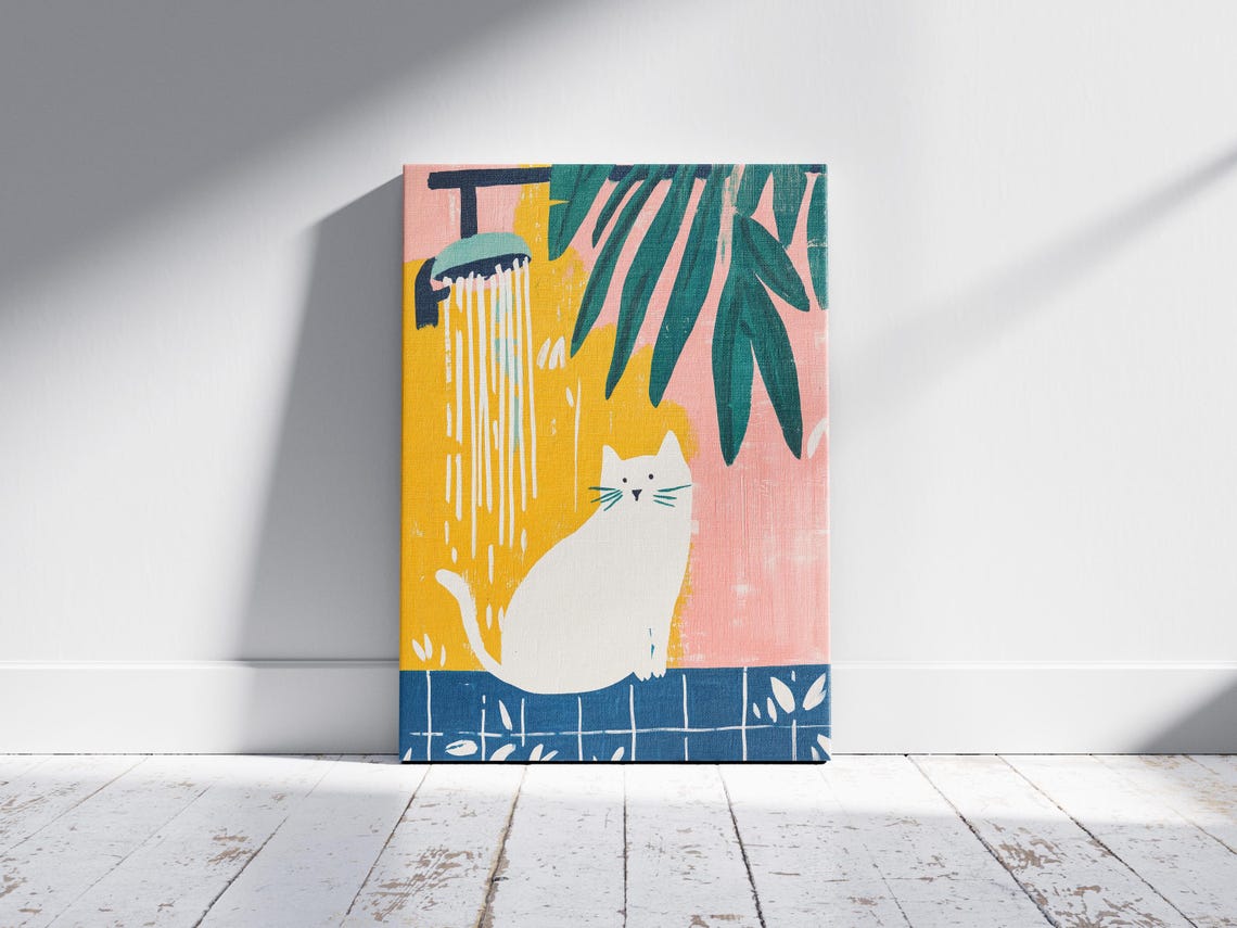 Cat In The Shower Gouache Print, Modern Bathroom Decor - Image 2