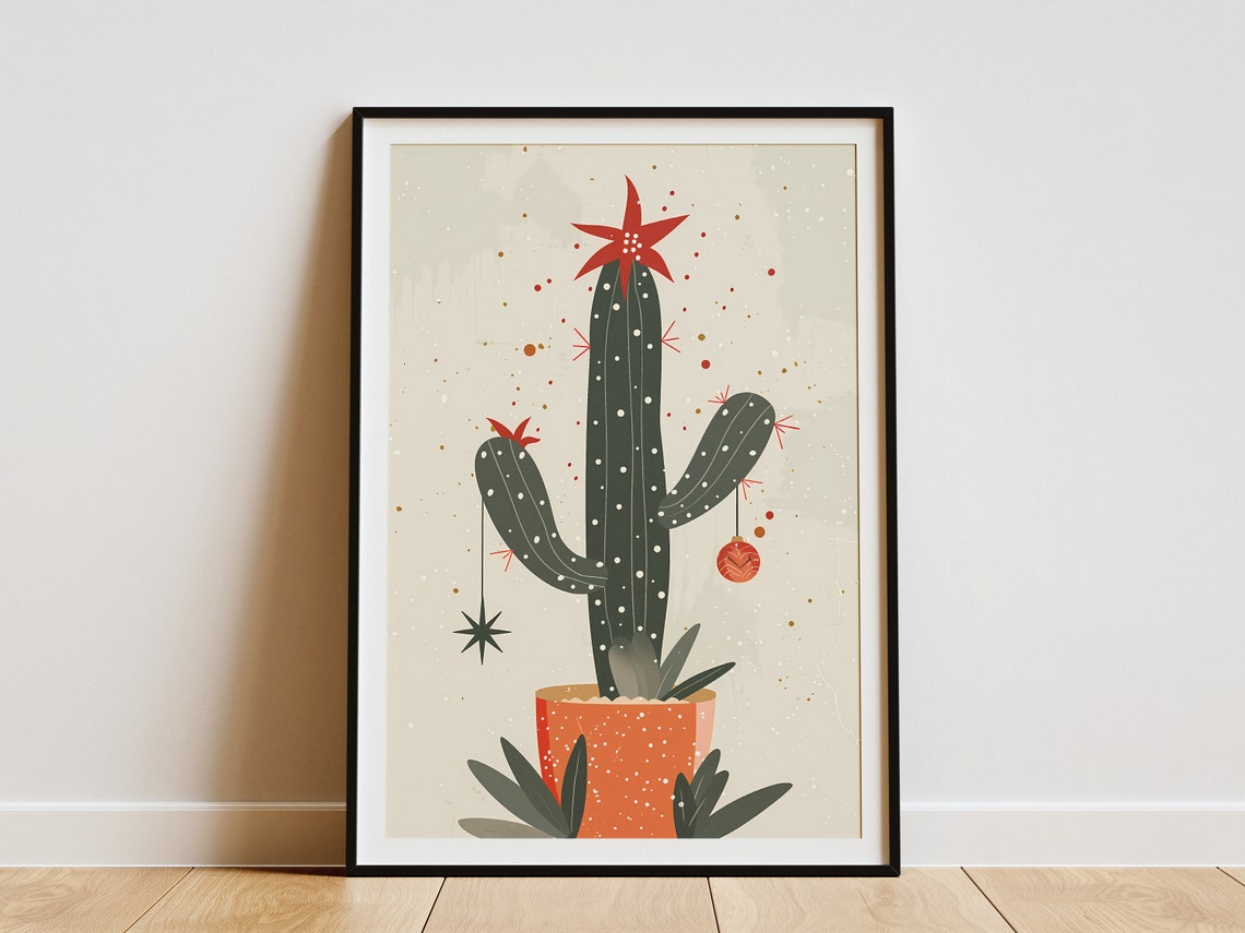 Christmas Cactus Holiday Tree Decorated Red Star Holiday Art Poster
