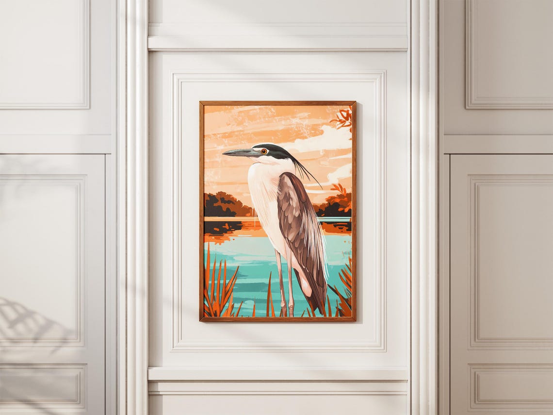 Black-Crowned Night Heron Portrait at Sunset Lagoon Art Poster - Image 2