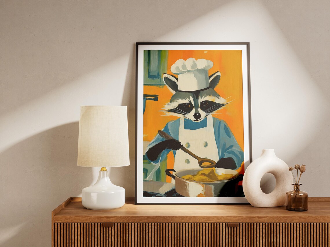 Raccoon Chef Stirring Pot Of Soup In Bright Orange Kitchen Poster - Image 4
