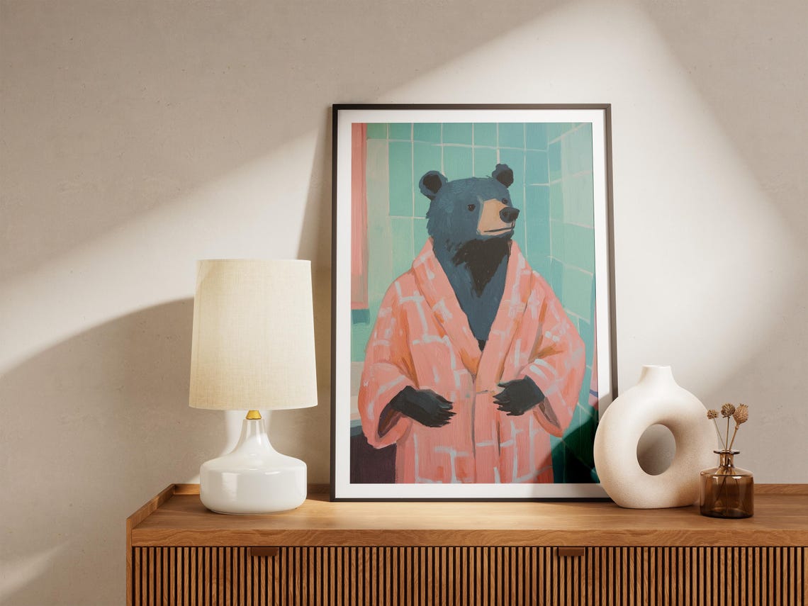 Deadpan Black Bear in a Coral Checkered Bathrobe Bathroom Poster - Image 5