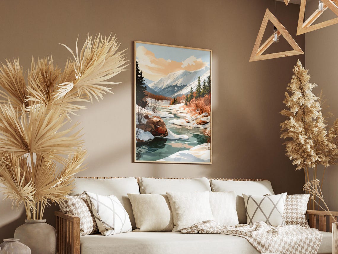 Snowy Mountain River Flowing Through a Winter Valley Landscape Poster - Image 3