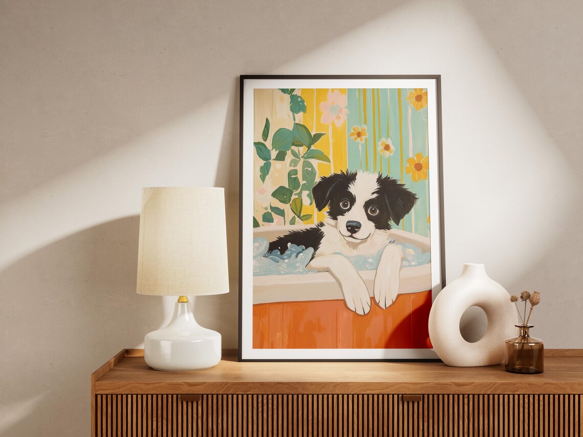 Border Collie Puppy Bubble Bath Retro Floral Curtain Art Poster - Image 4