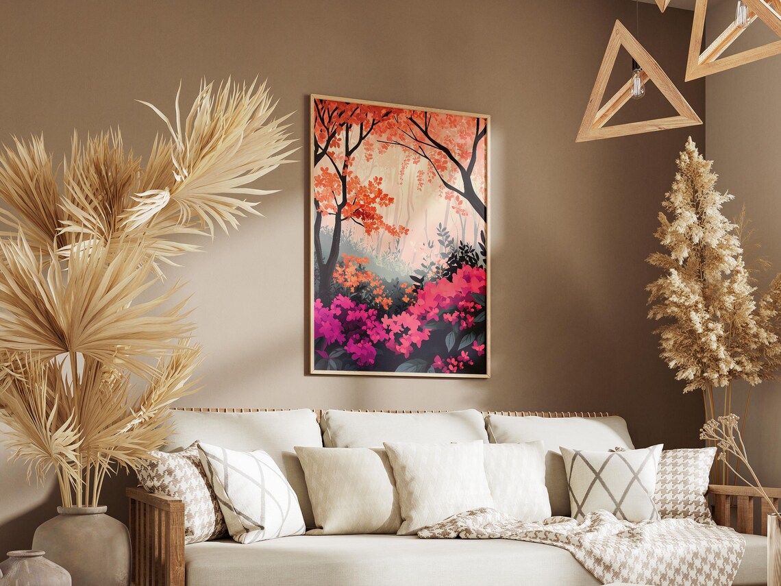 Coral Tree Canopy With Magenta Azaleas Poster in a Misty Garden - Image 3