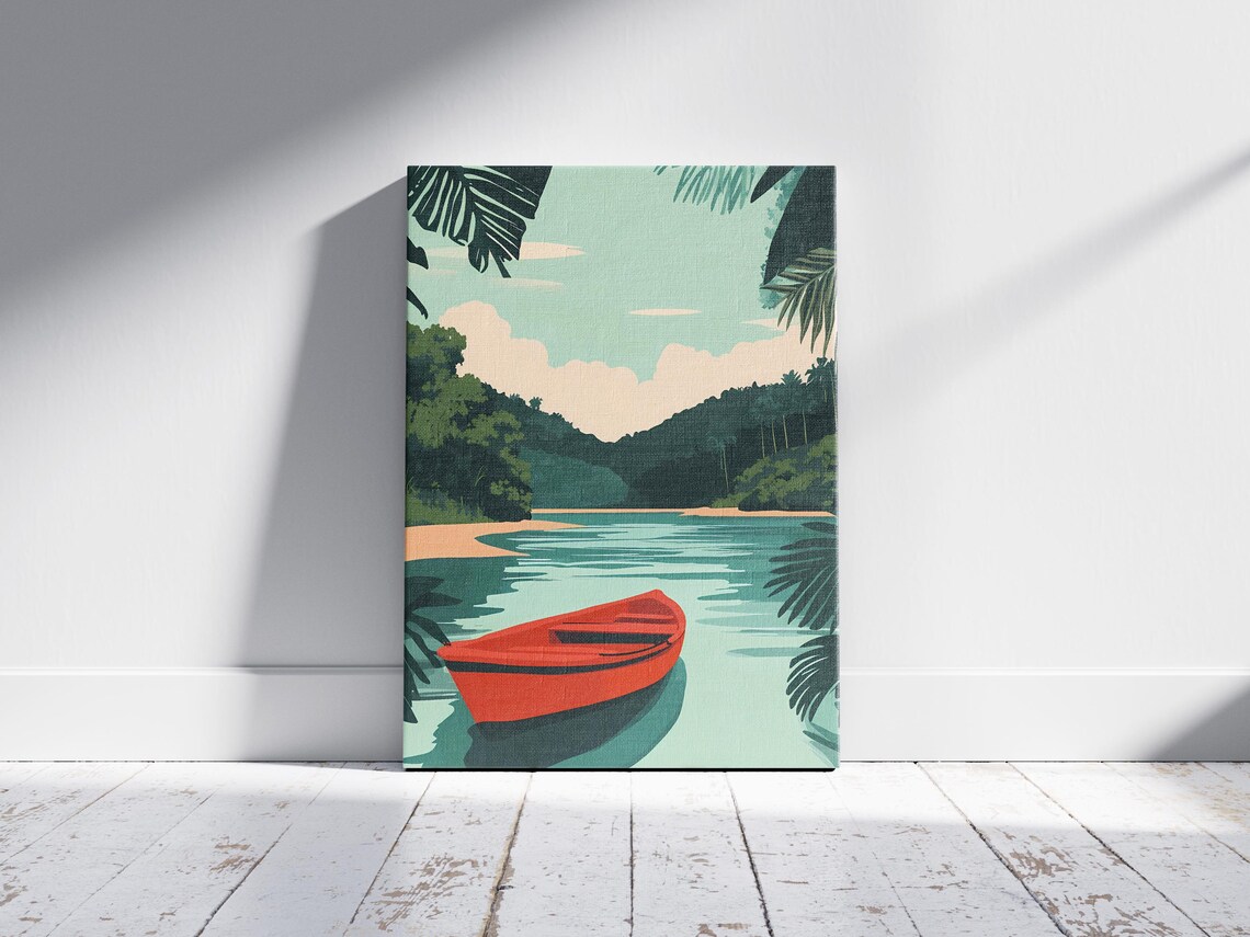 Tropical Red Boat Poster Calm Lagoon Palm Tree Wall Decor Gift - Image 2
