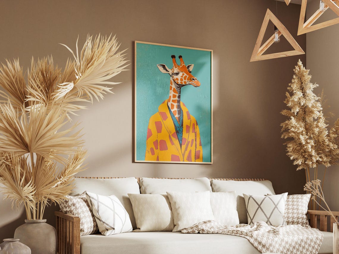 Elegant Giraffe Portrait In Yellow Bathrobe Teal Background Poster - Image 3