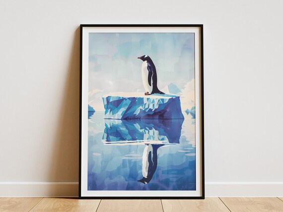 Arctic Penguin On Iceberg Wall Art Print Abstract Animal Print Geometric Art Nature Decor