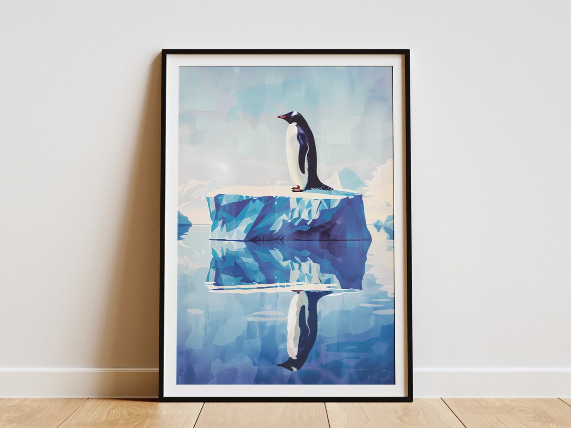 Arctic Penguin Iceberg Reflection Geometric Blue Wildlife Poster