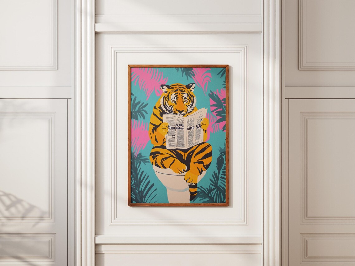 Tiger Reading Newspaper on Toilet Tropical Palm Leaf Art Poster - Image 2