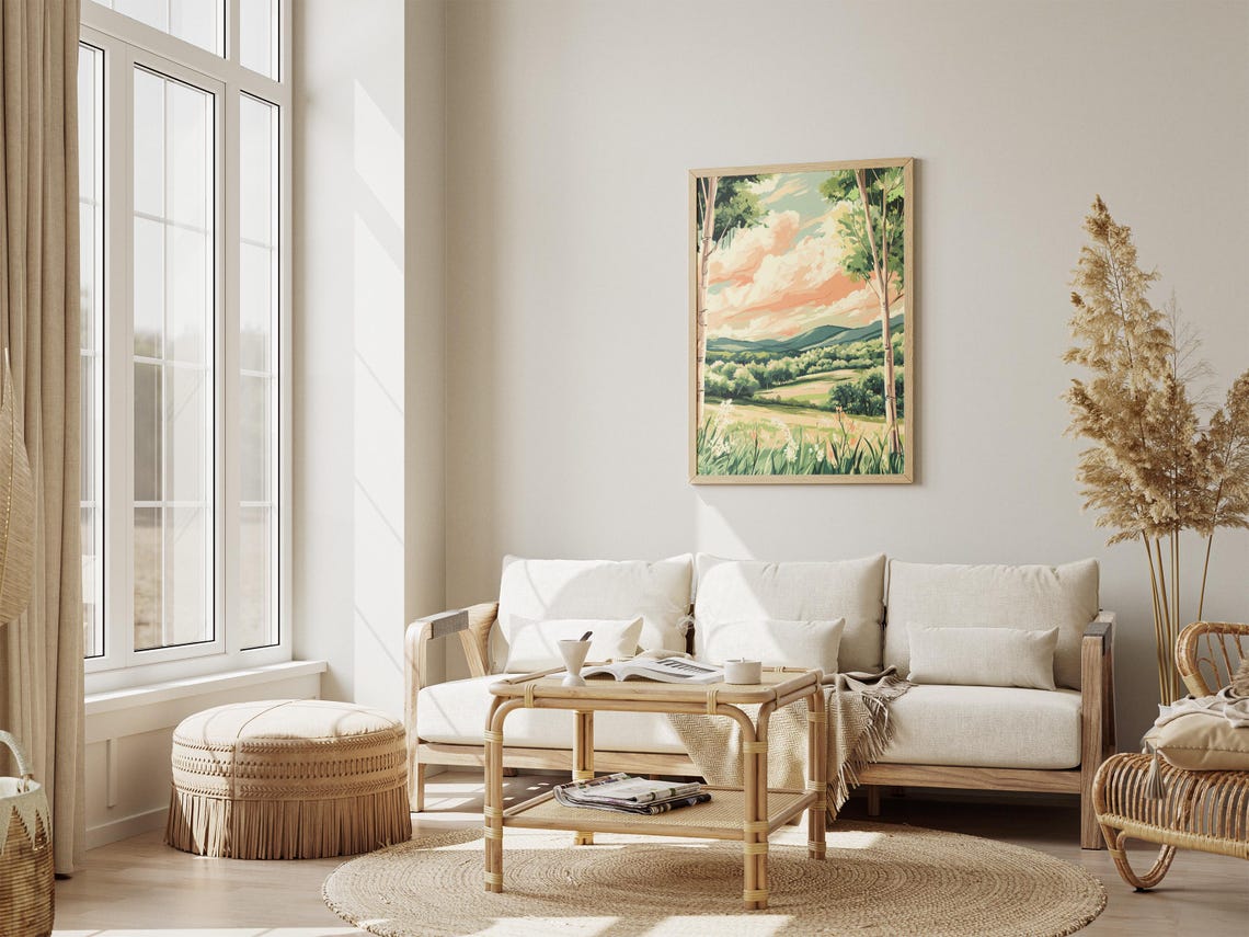 Spring Valley View Between Birch Trees Peach Clouds Landscape Poster - Image 4