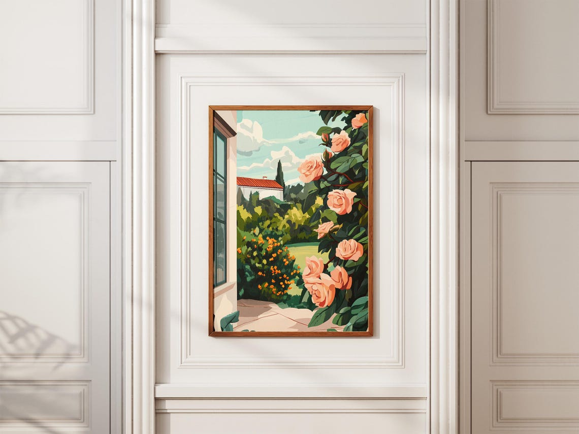 Mediterranean Garden with Climbing Pink Roses and Villa View Poster - Image 2