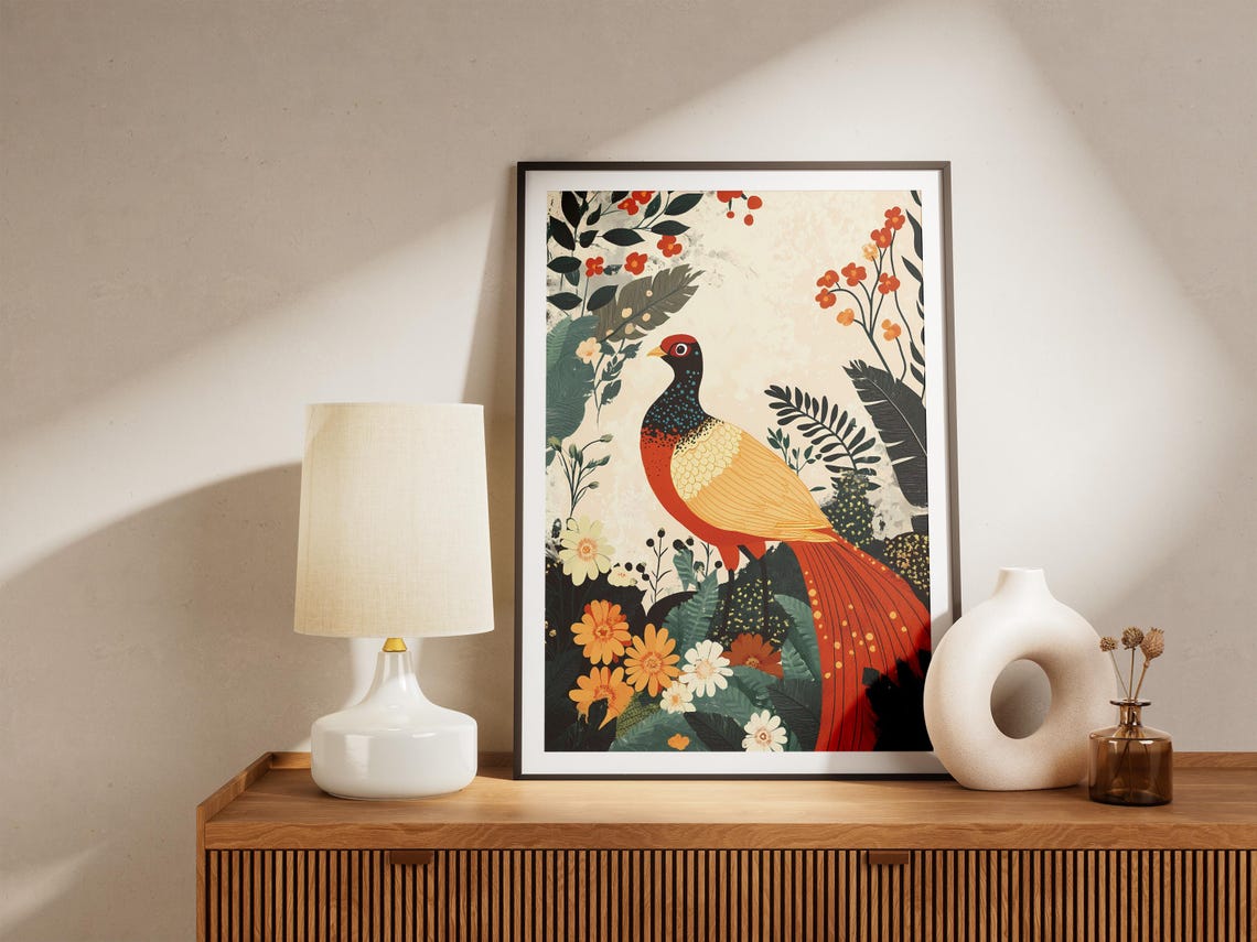 Golden Pheasant Red Tail Tropical Flowers Chinoiserie Poster - Image 5