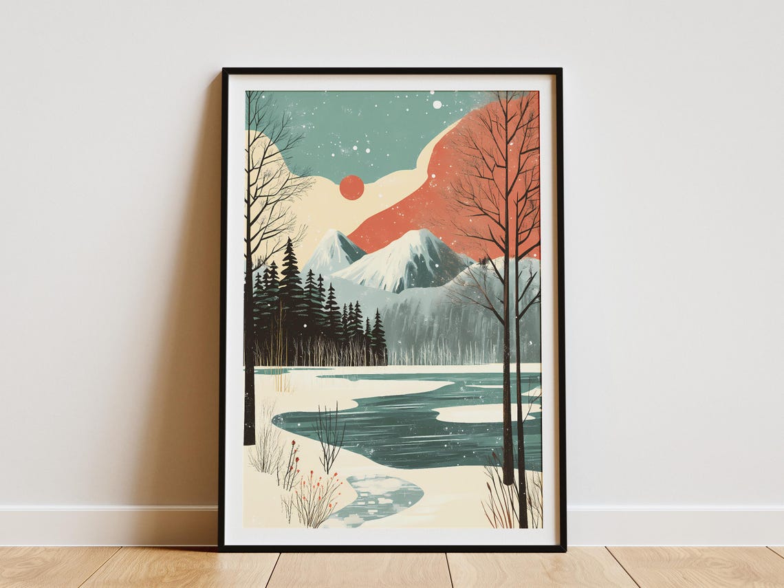 Winter Frozen Lake Vintage Travel Poster Christmas Holiday Poster Snowy Mountains Landscape Art Print Modern Scandinavian Style Home Decor