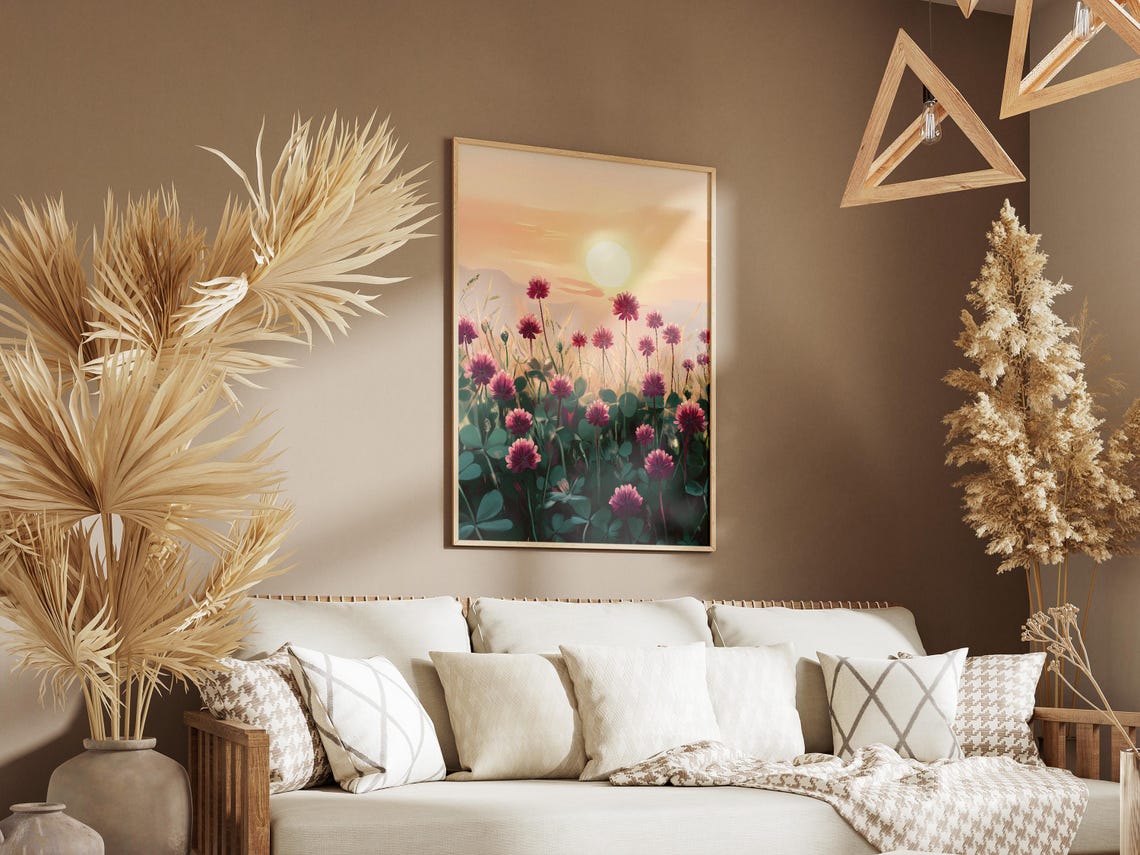 Red Clover Blossoms Soft Sunrise Meadow Warm Glowing Flower Poster - Image 3