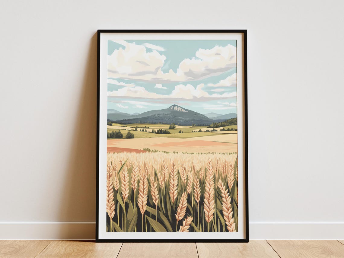 Golden Wheat Field with Distant Mountain Backdrop Summer Poster