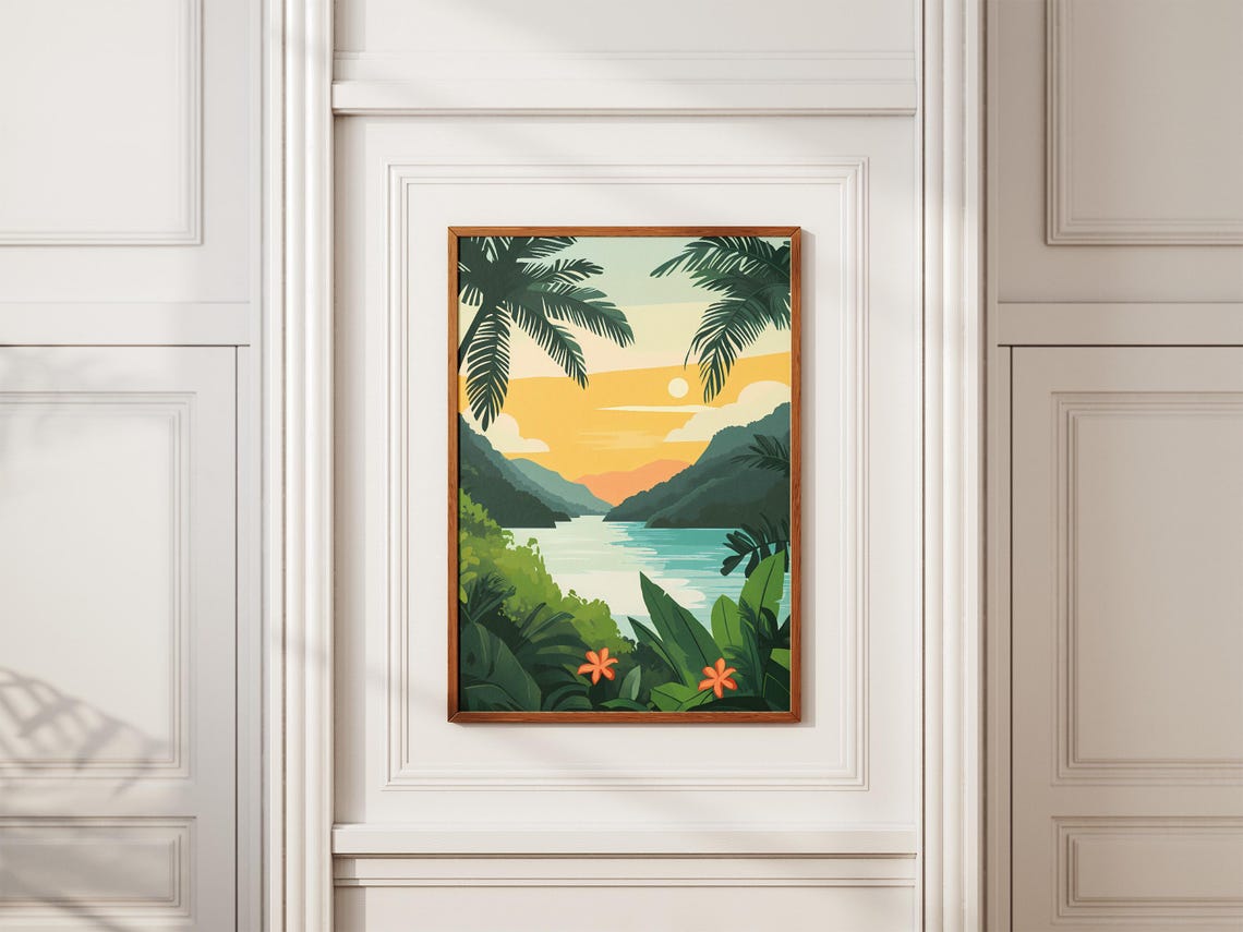 Costa Rica Tropical Jungle Lagoon Sunset Palm Fronds Art Poster - Image 2