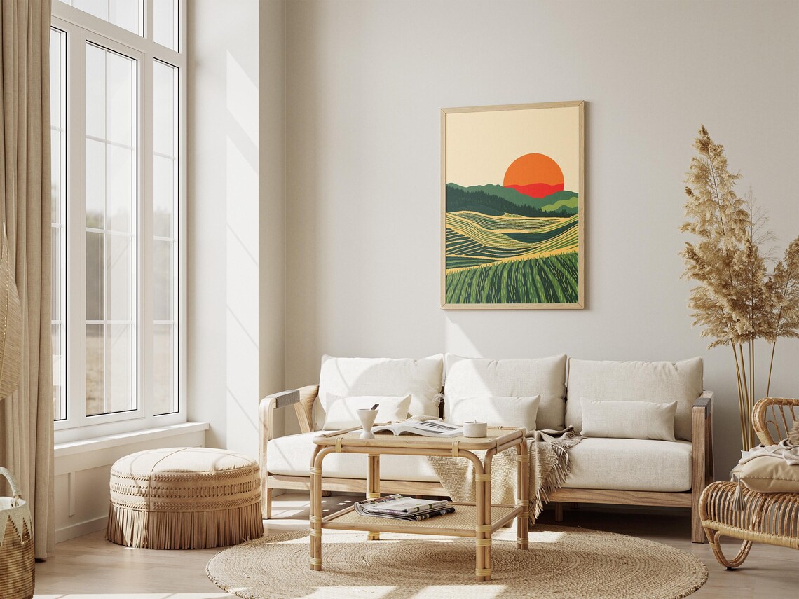 Sunrise Over Green Terraced Hills With Bold Orange Sun Poster - Image 4