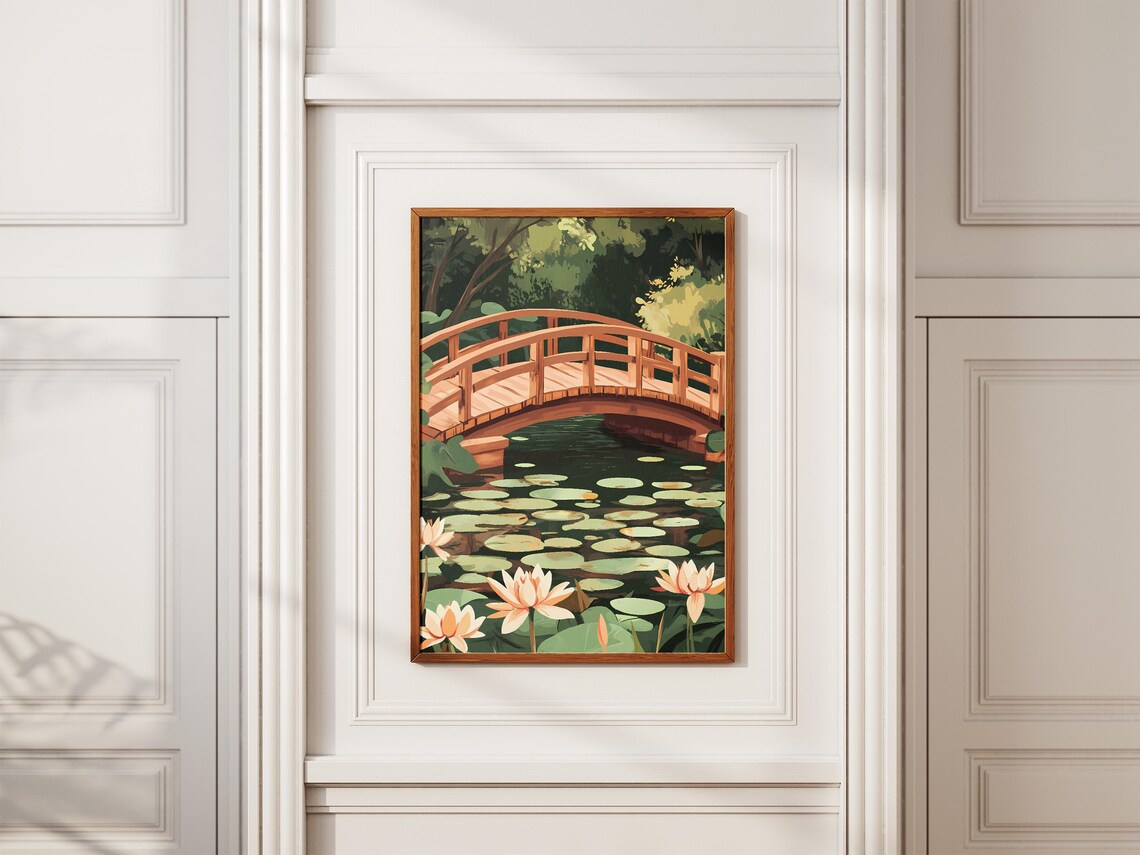 Water Lilies Wooden Bridge Serene Zen Garden Pond Art Poster - Image 2