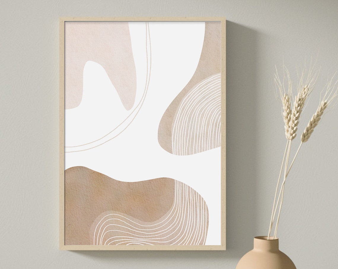 Beige Organic Abstract Shapes with Fine White Line Art Poster - Image 3