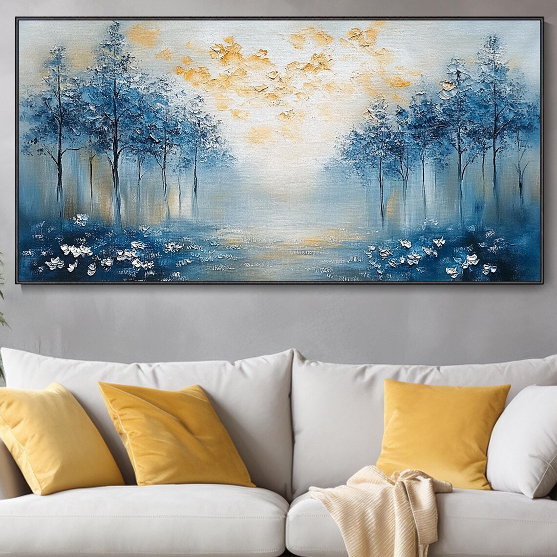 Abstract Landscape Oil Painting, Blue Woods Hazy View