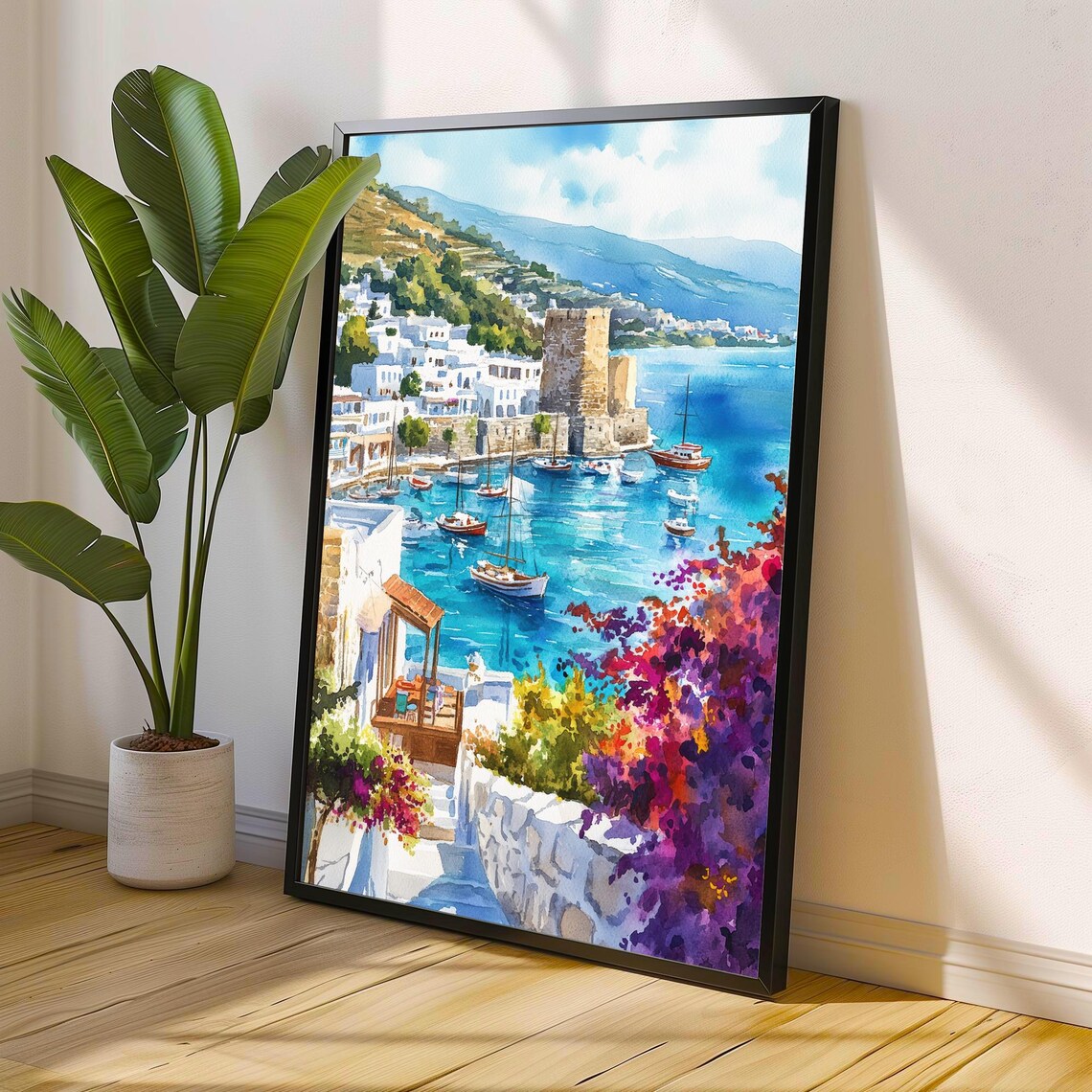 Bodrum Turkey Harbor Sailboats Stone Castle Blue Sea Watercolor Poster
