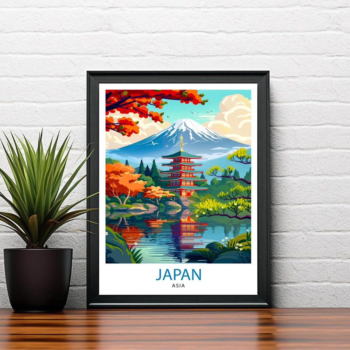 Japan Mount Fuji Red Pagoda Autumn Lake Reflection Scenic Poster - Image 2