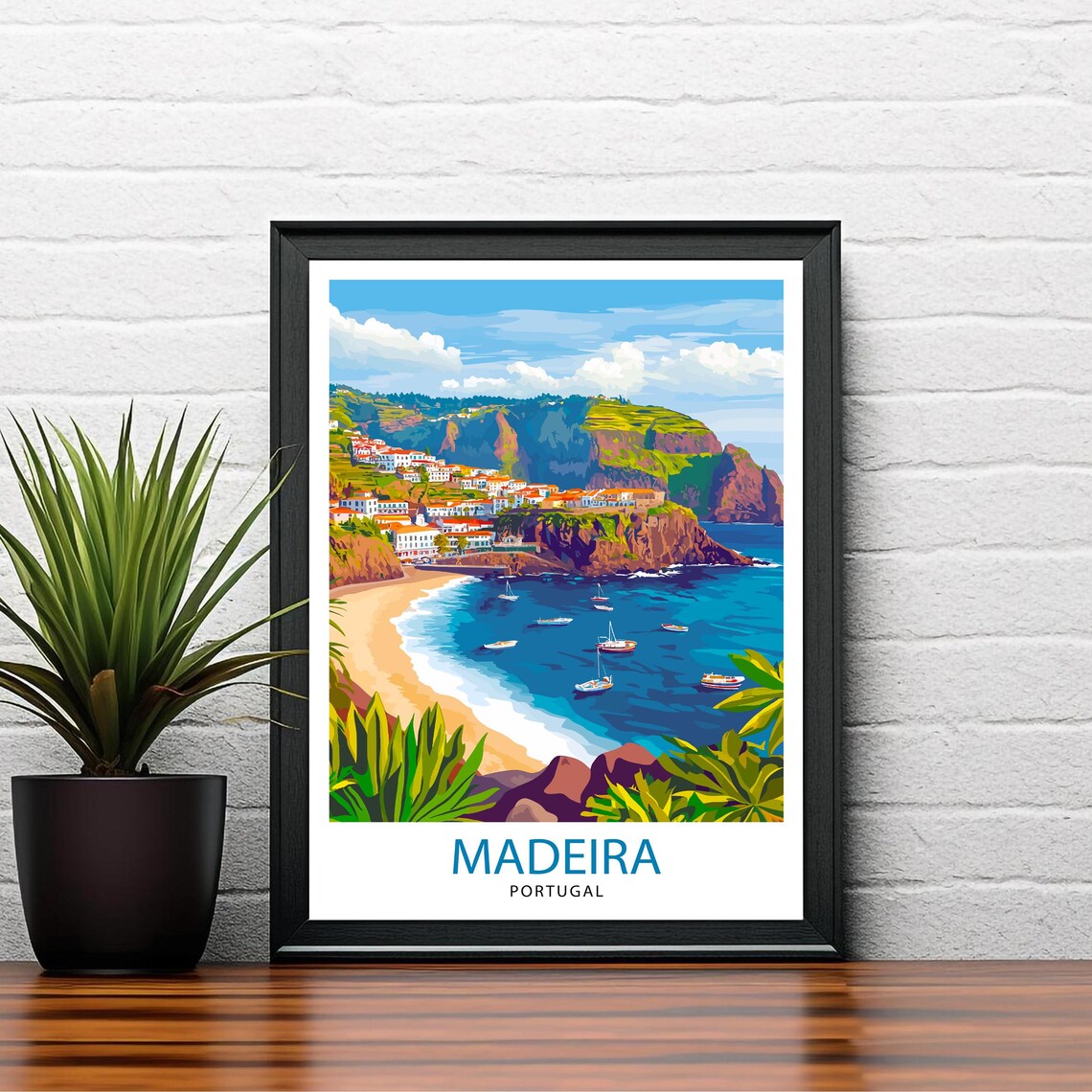 Madeira Portugal Island Coast Cliffs Beach Boats Scene Poster - Image 2