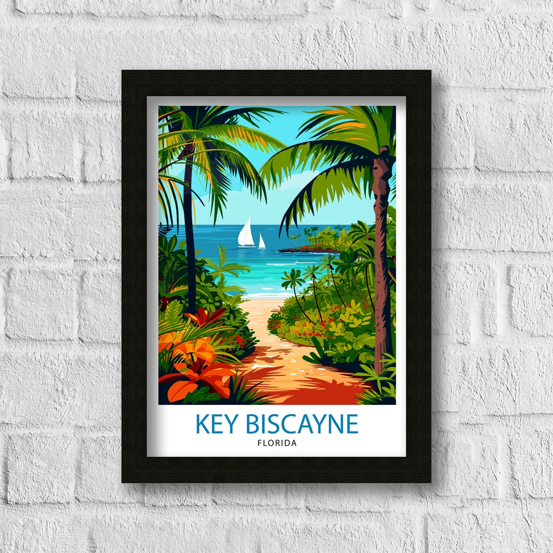 Key Biscayne Florida Tropical Trail Palms Sailboat Bay Travel Poster - Image 3