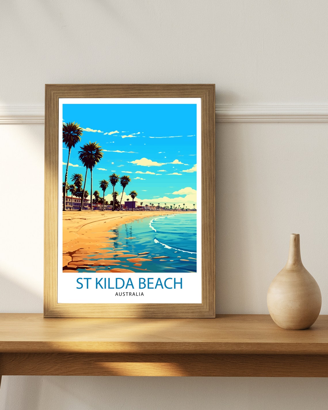 St Kilda Beach Australia Palm Trees Shoreline Waves Coastal Poster - Image 2