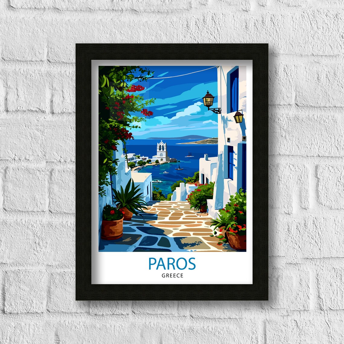 Charming Paros Greece Whitewashed Island Alley Sea View Travel Poster - Image 3