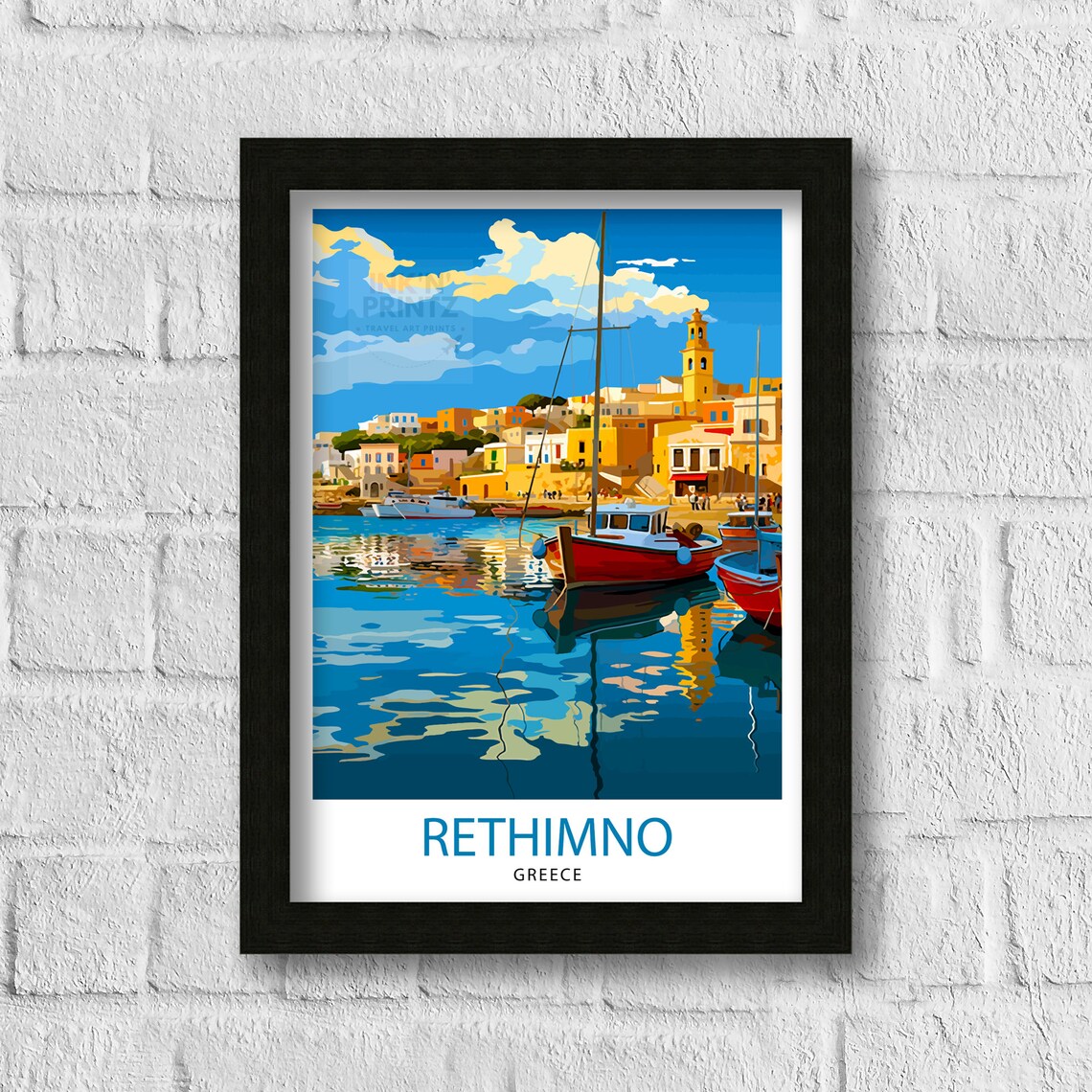 Rethimno Greece Harbor Fishing Boats Old Town Morning Poster - Image 3