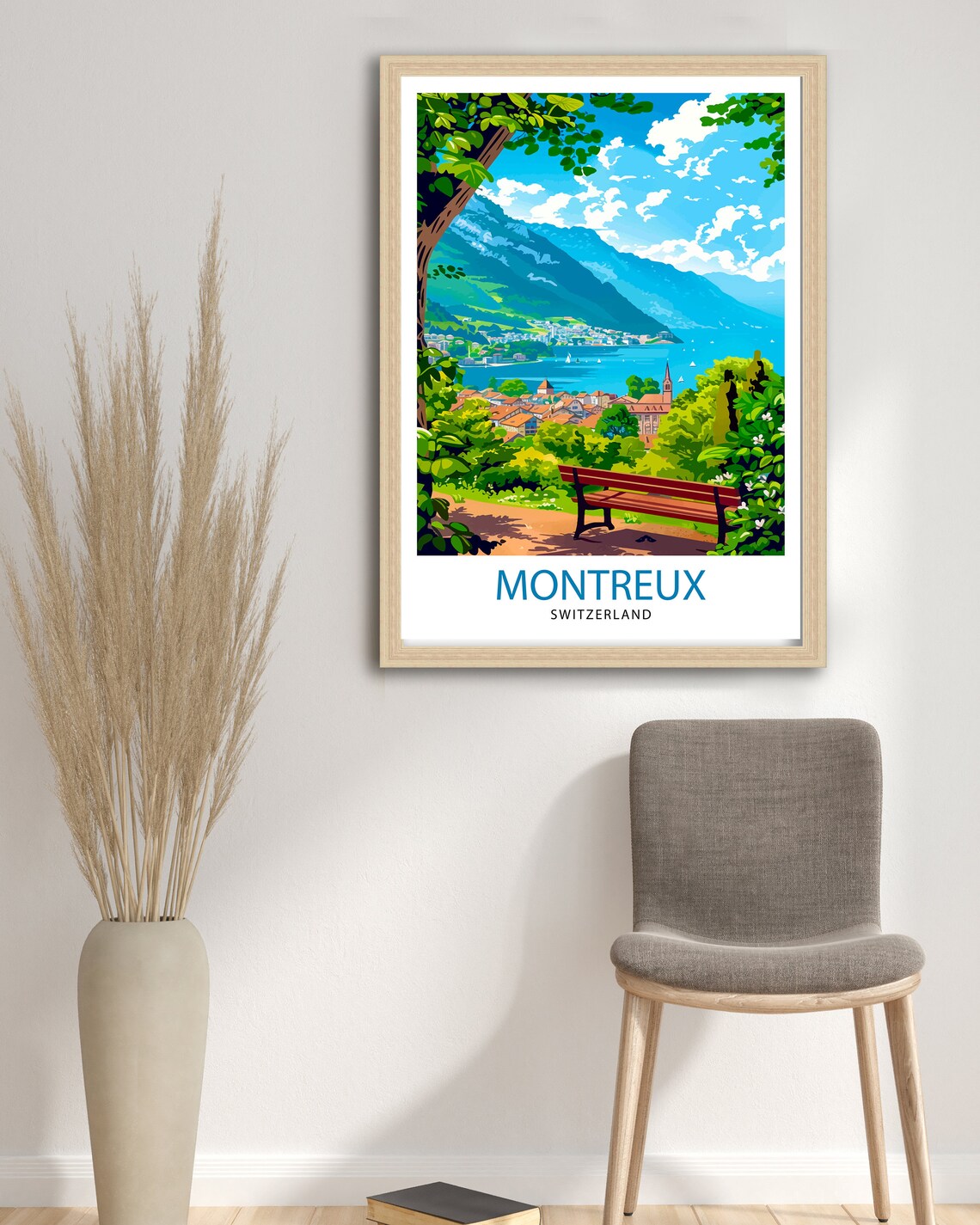 Montreux Switzerland Lakefront Town Bench View Vintage Travel Poster - Image 2