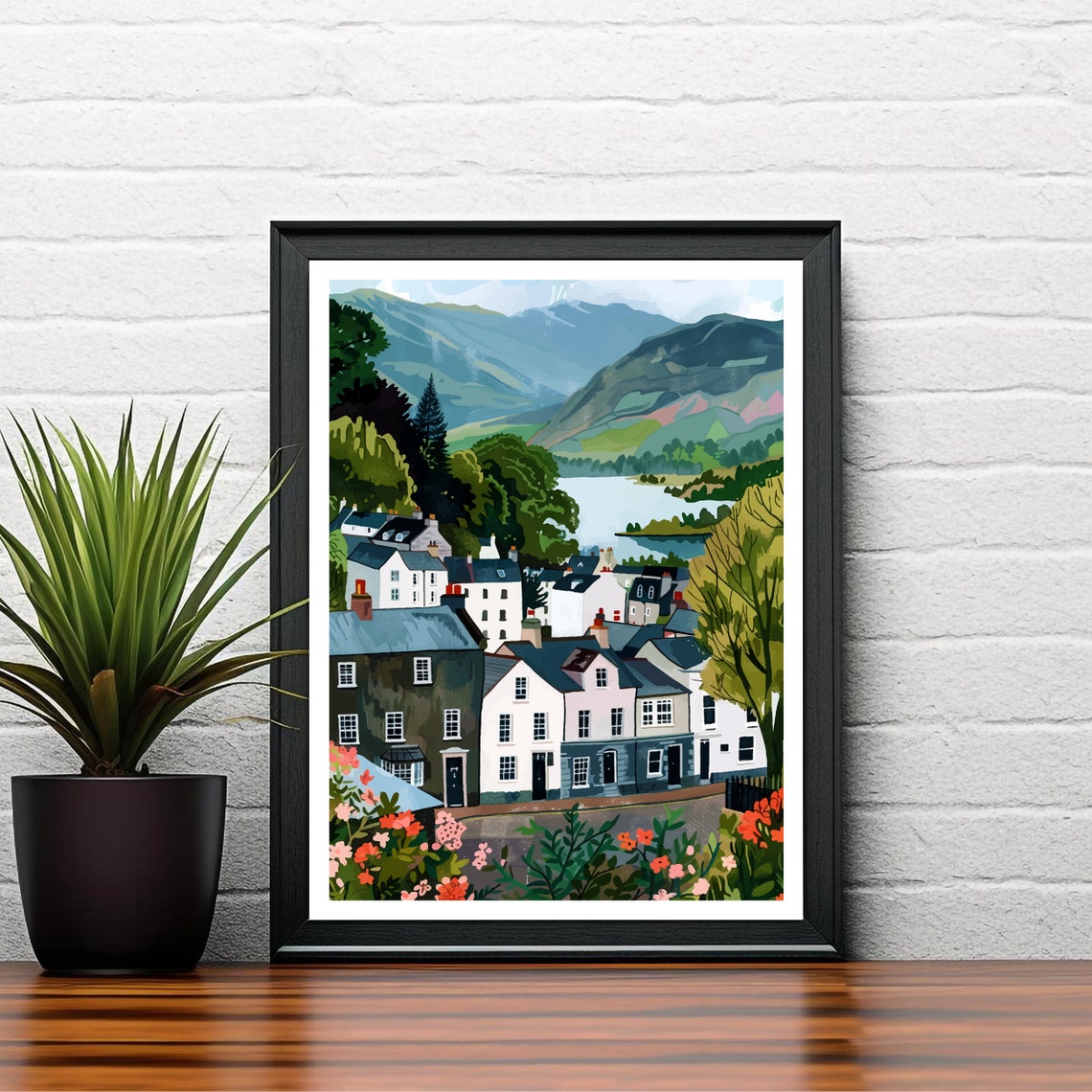 Keswick Lake District Lakeside Village Cottages Hills Poster - Image 2