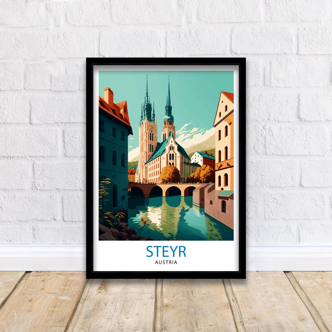 Steyr Austria Twin Spire Church River Bridge Old Town Poster - Image 2