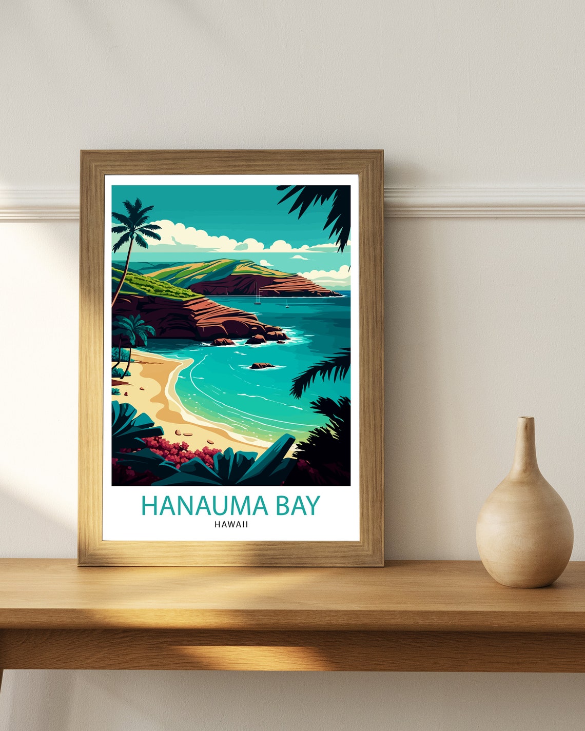Hanauma Bay Hawaii Tropical Beach Palms Travel Illustration Poster - Image 3