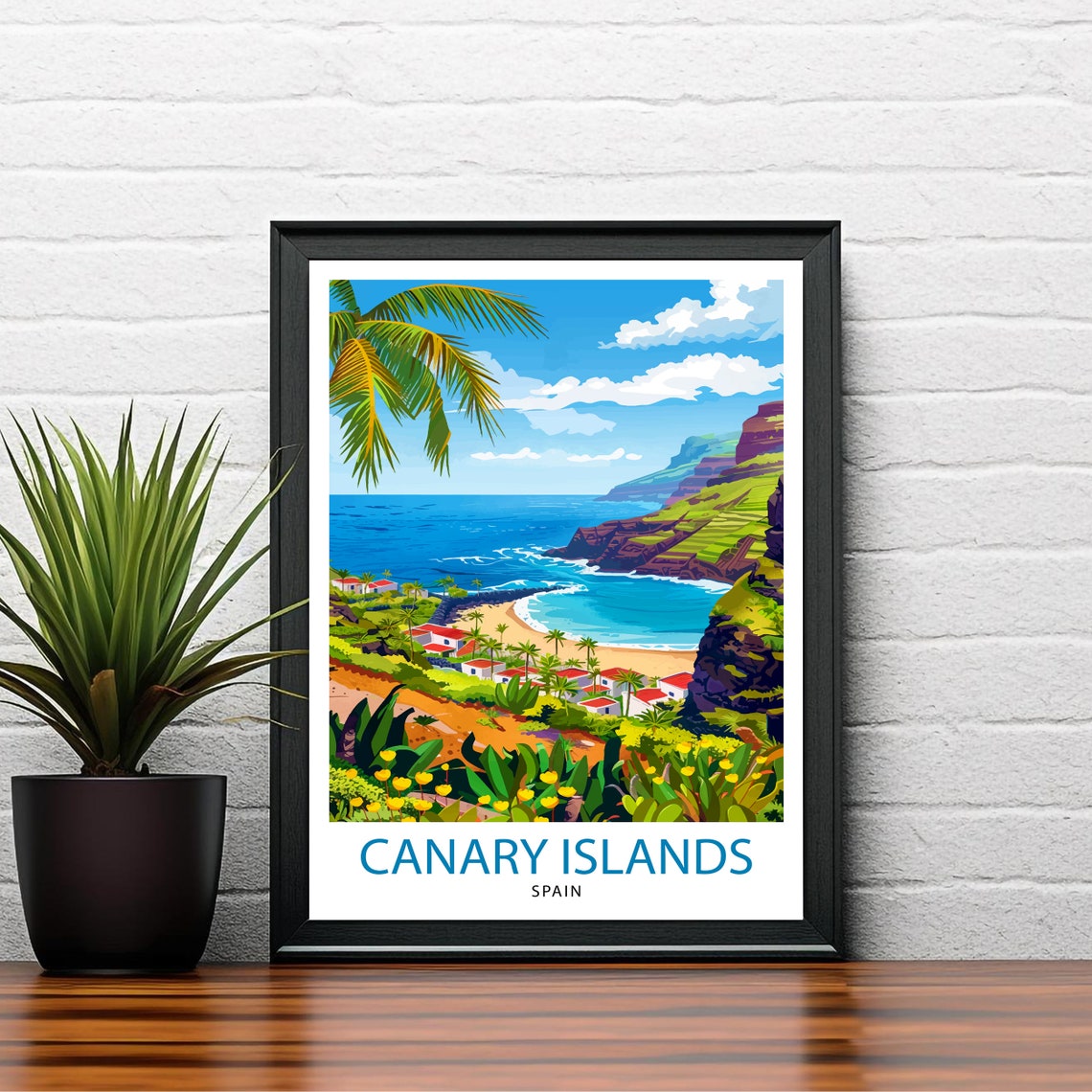 Canary Islands Spain Beach Bay Cliffs Palm Coast Travel Poster - Image 2