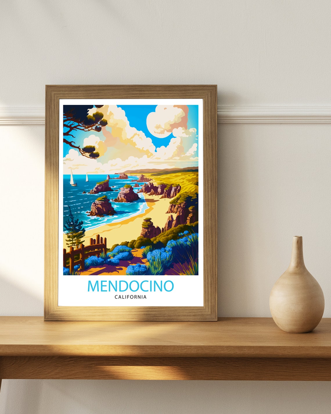 Mendocino California Rugged Coast Sea Stacks and Sailboats Poster - Image 3