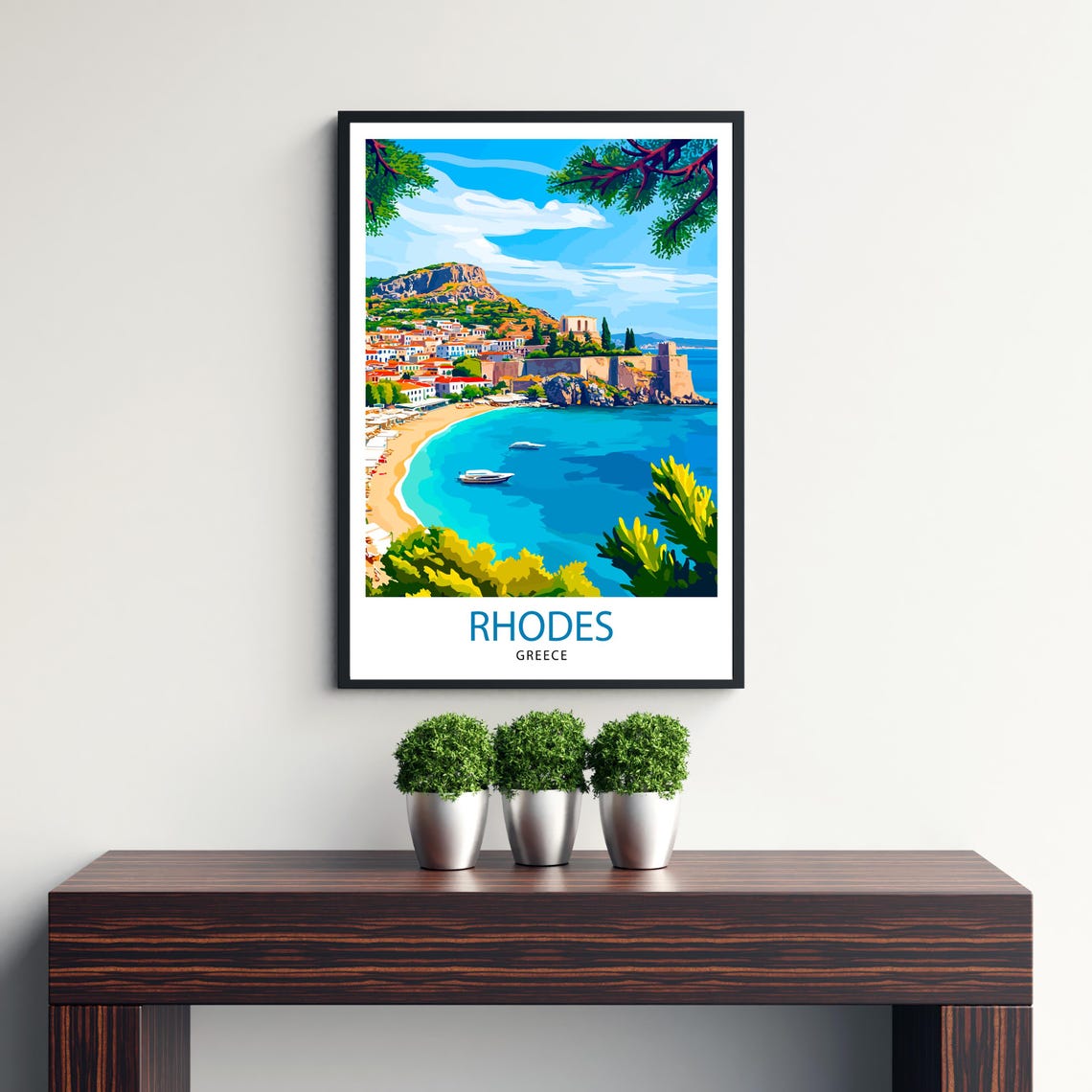 Sunny Rhodes Greece Coastal Old Town Turquoise Bay Travel Poster - Image 3