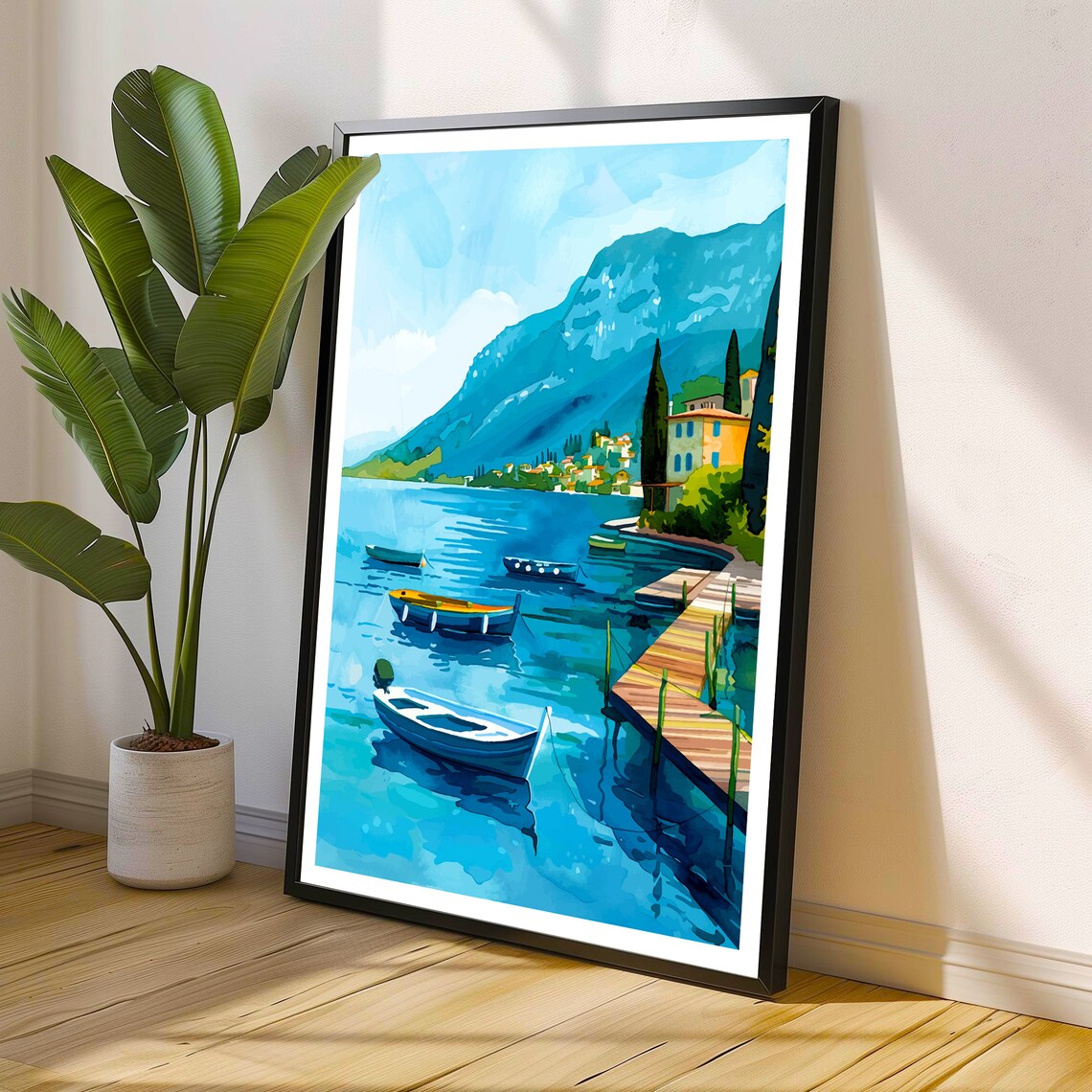 Lake Garda Italy Lakefront Harbor Boats Watercolor Travel Poster - Image 3