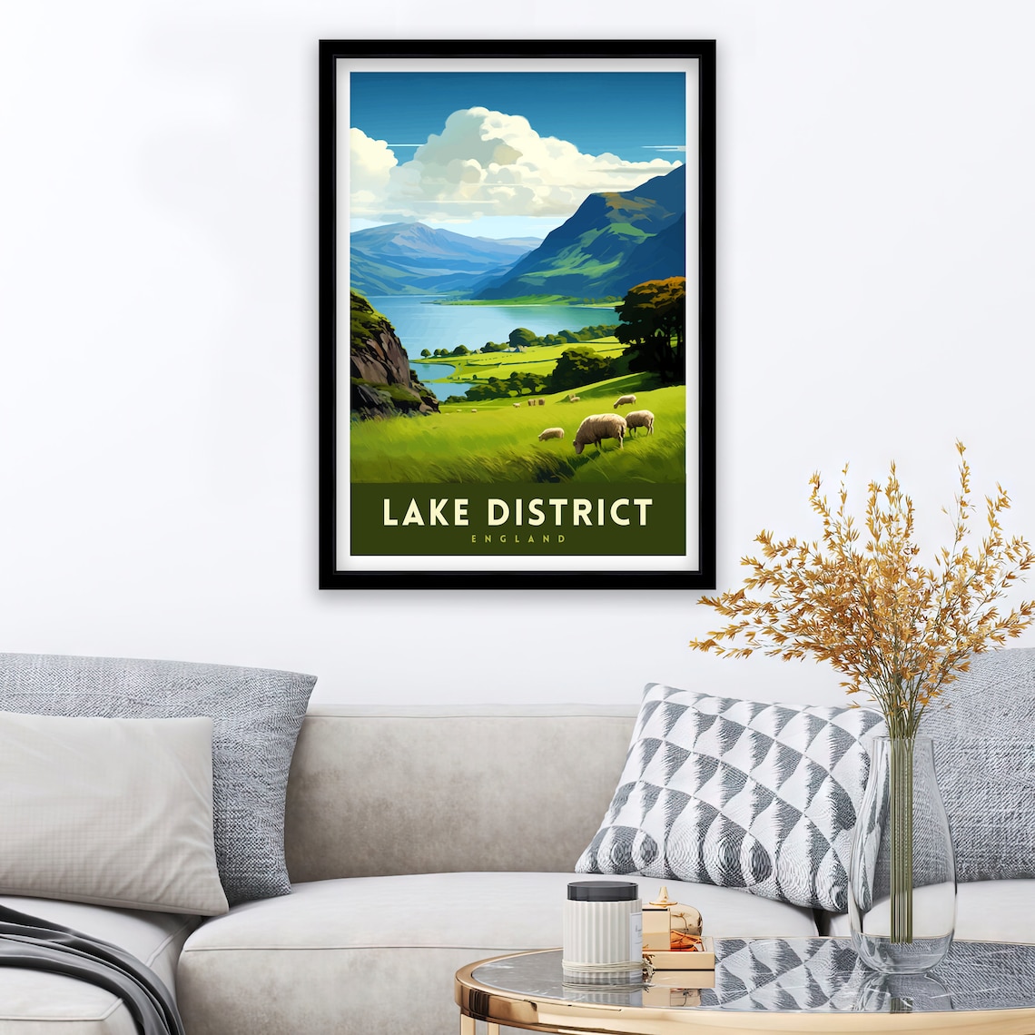 Lake District England Green Hills Sheep Mountain Lake Travel Poster - Image 2