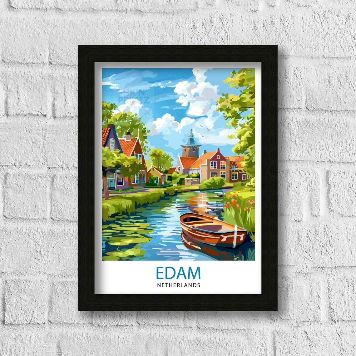 Edam Netherlands Quiet Canal Rowboat Church Tower Town Travel Poster - Image 3