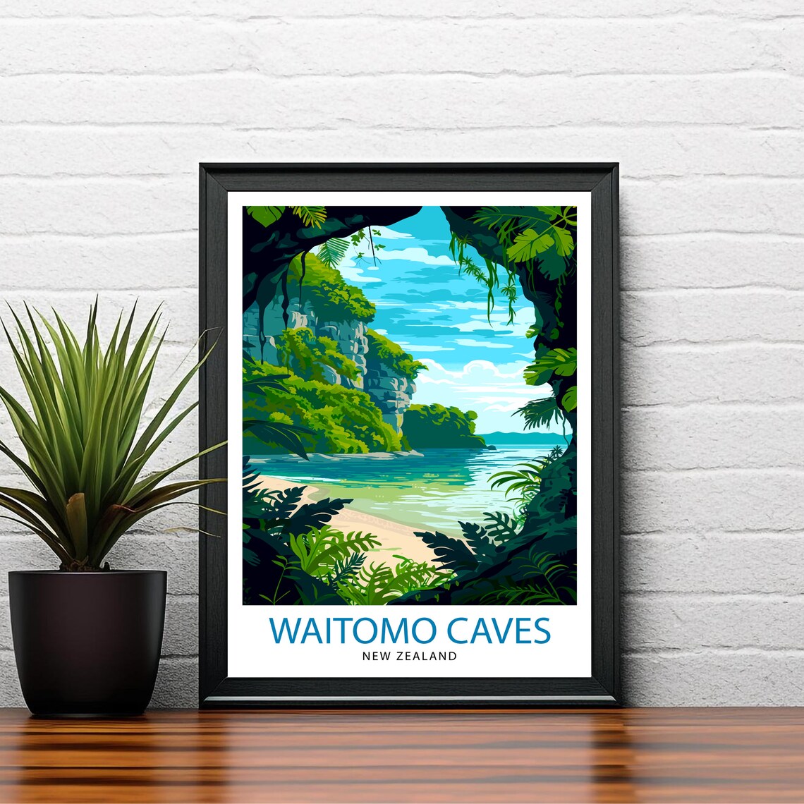 Waitomo Caves New Zealand Lush Cave Opening Beach Lagoon Travel Poster - Image 2