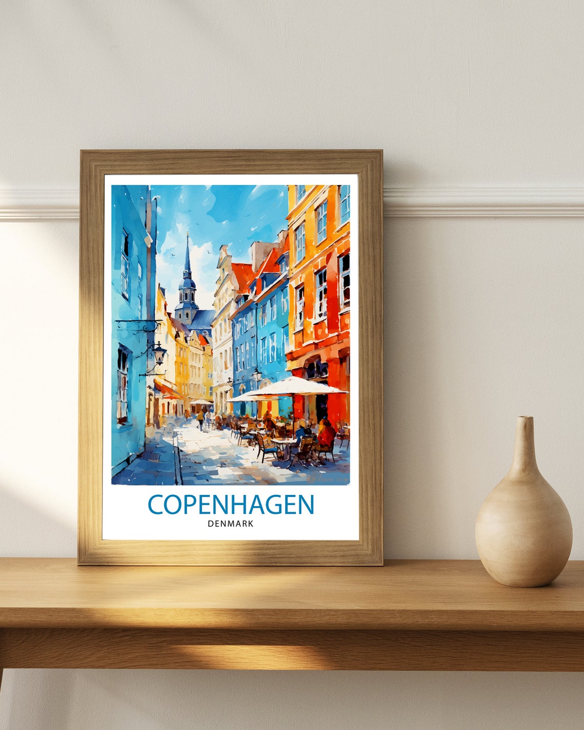 Copenhagen Denmark Colorful Street Cafes Watercolor Travel Poster - Image 3