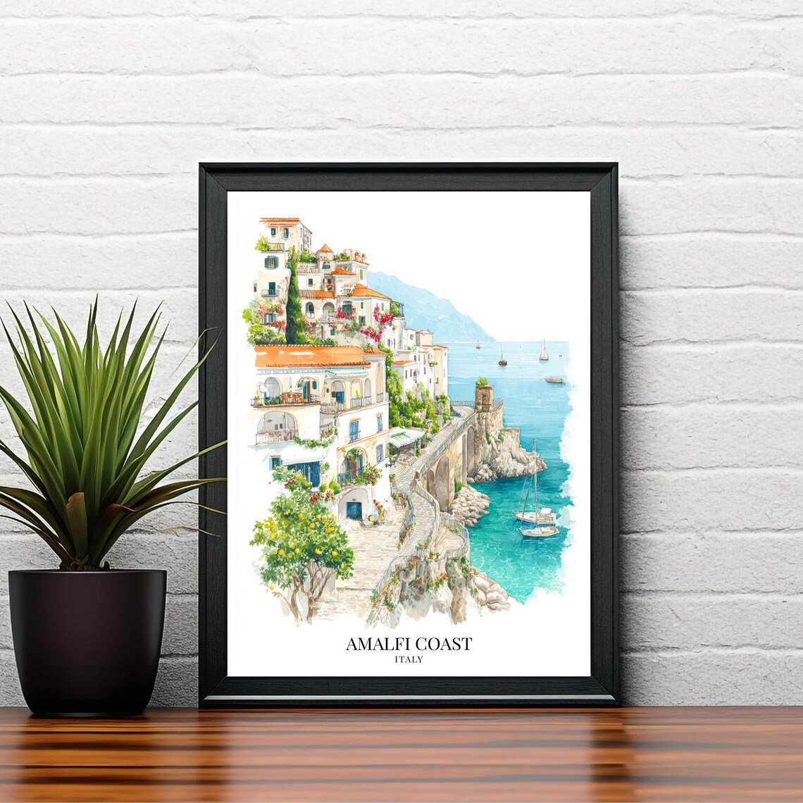 Amalfi Coast Italy Cliffside Village Pastel Houses Watercolor Poster