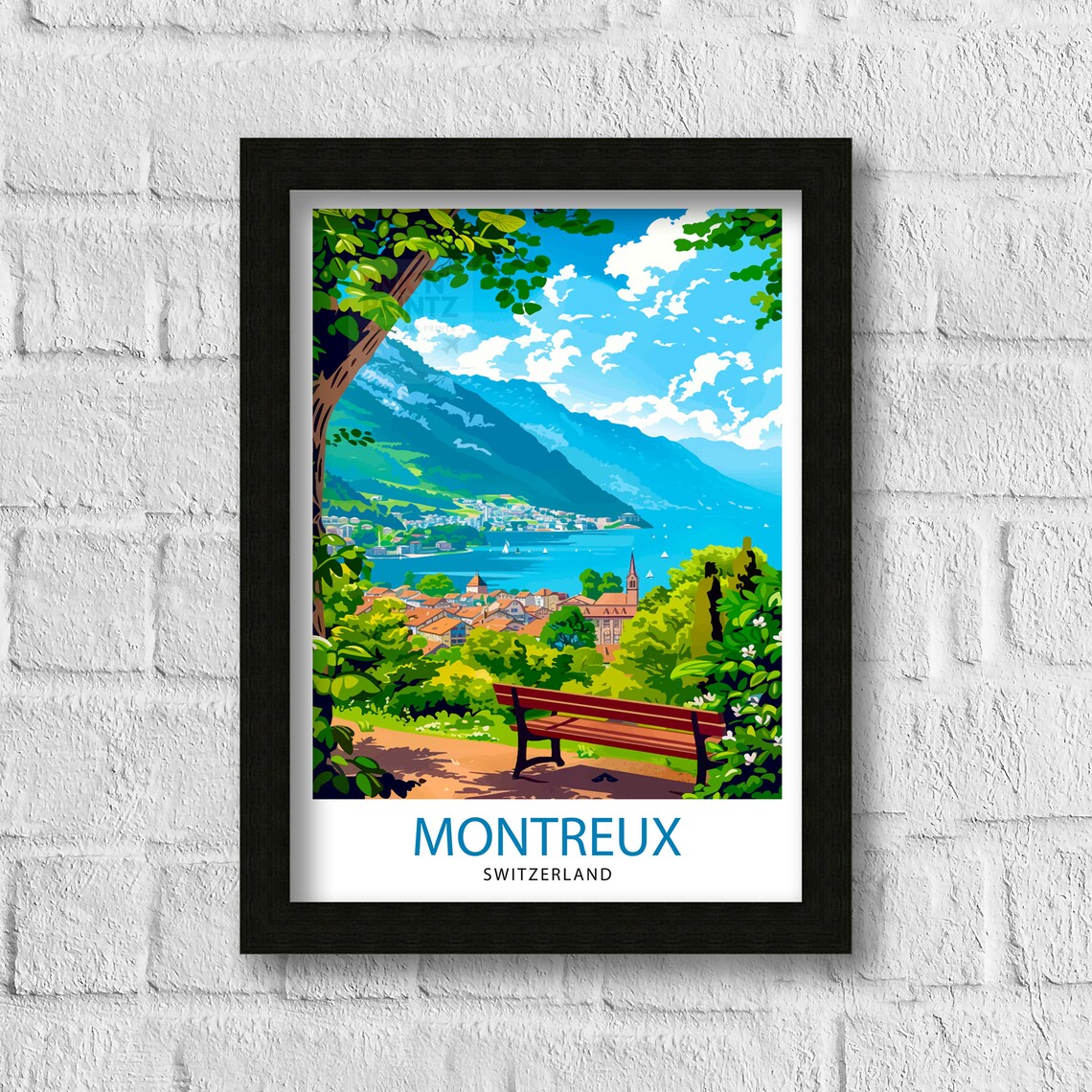 Montreux Switzerland Lakefront Town Bench View Vintage Travel Poster - Image 3