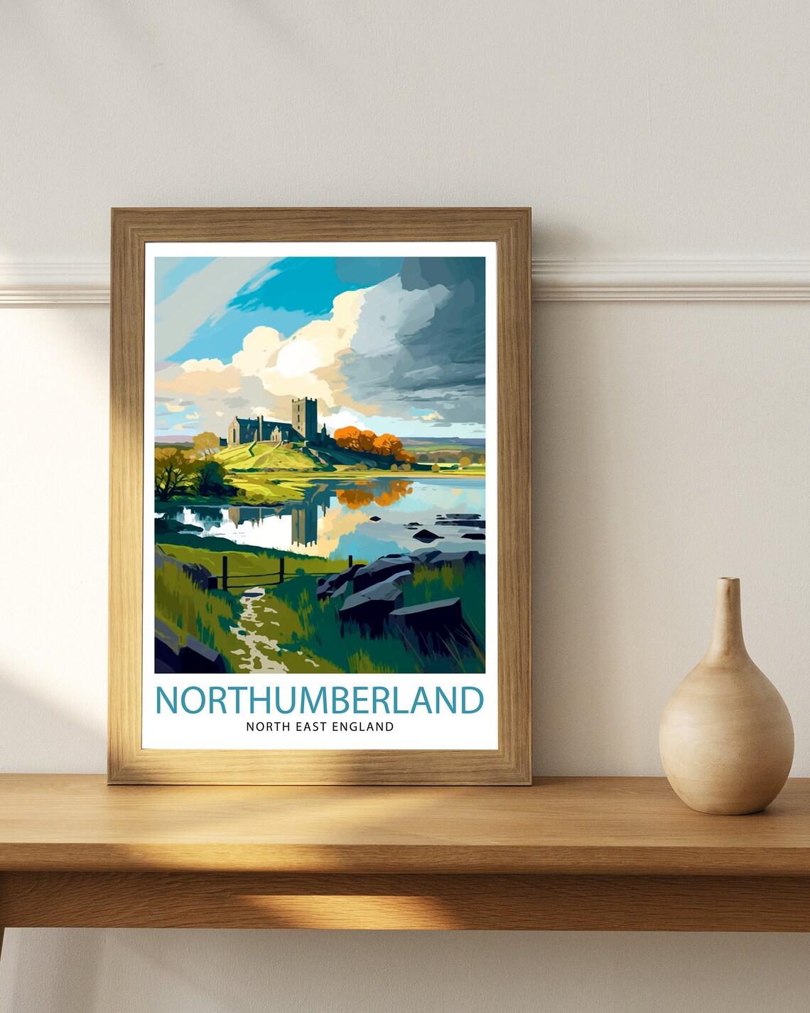 Northumberland England Historic Hilltop Ruins Lake Reflection Poster - Image 2