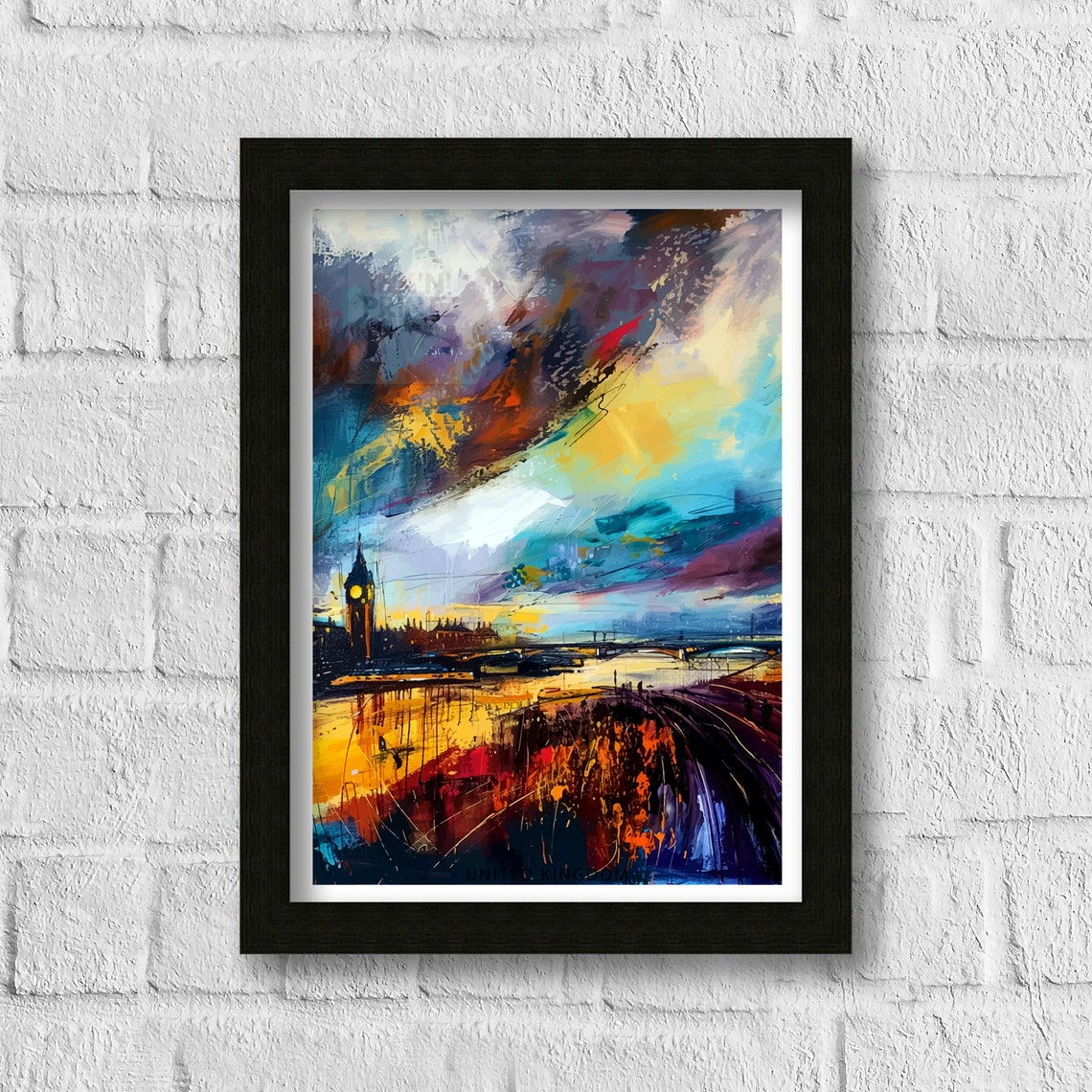 Abstract London Sunset Thames Big Ben Stormy Sky Colorful Poster - Image 3
